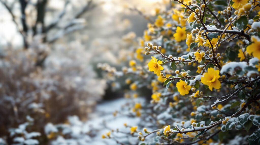 scopri l'arbusto rustico con fiori gialli che sbocciano a febbraio, resistente a tutte le condizioni climatiche per un giardino sempre vivace.