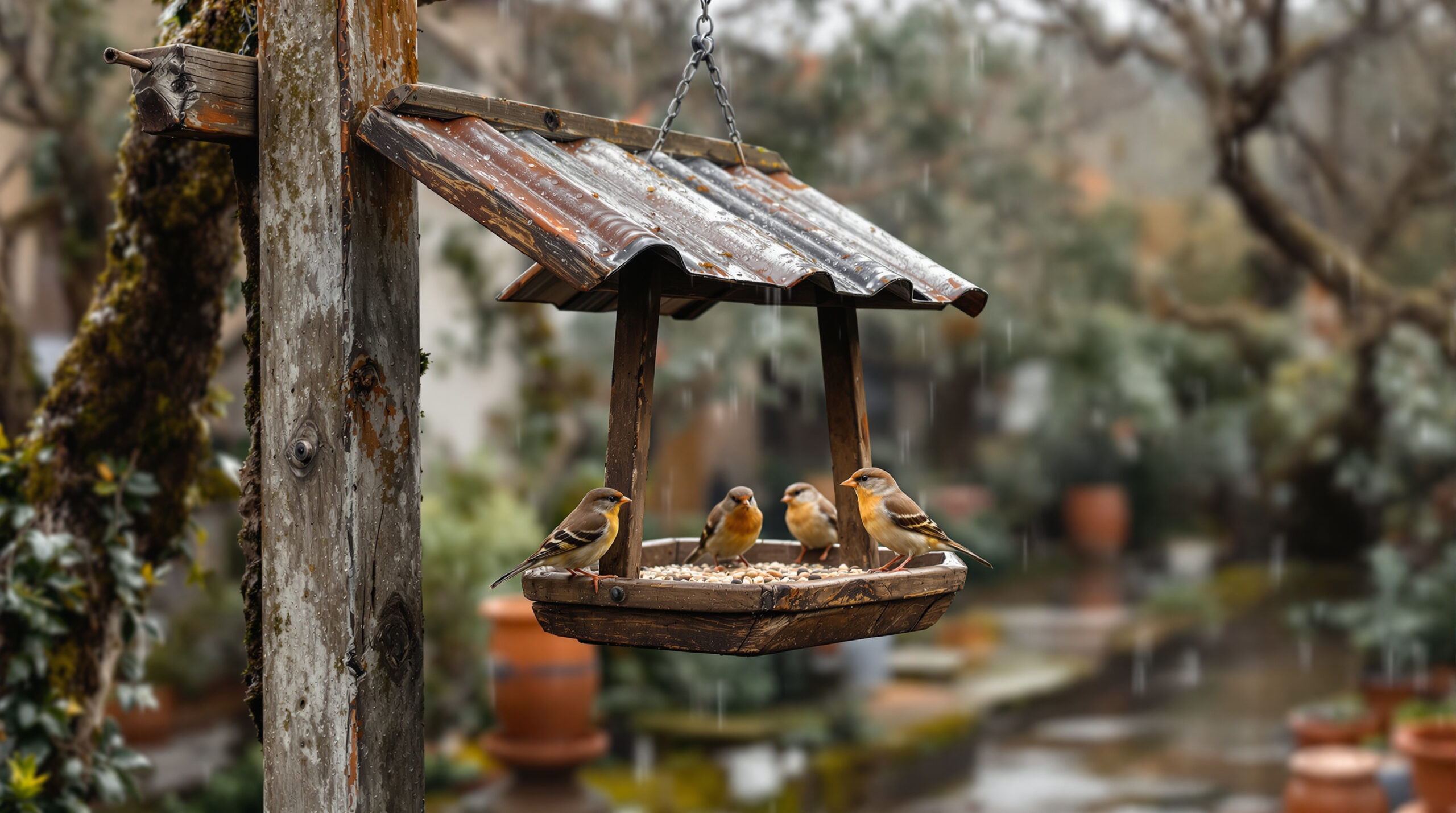 Mangiatoia per uccelli sotto la pioggia: il trucco per tenerla asciutta