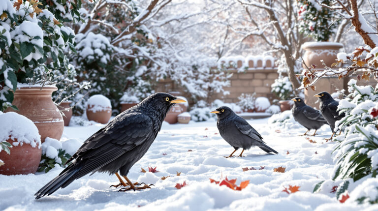 Merli affamati in giardino: cosa cercano sotto la neve e come aiutarli senza attirare i piccioni